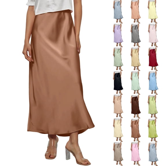 2026 Summer Womens Skirts Silk Elegant High Waist Flowy Long Satin A-Line Maxi Skirt Cocktail Wedding Party Red L