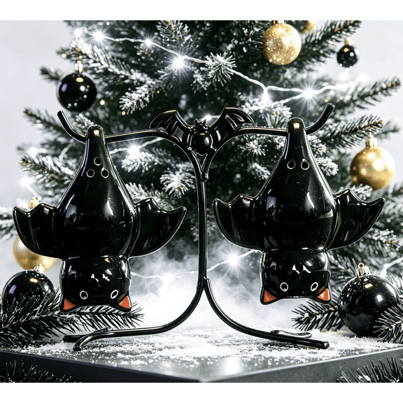 2026 Summerween Hanging Bats With Stand Salt and Pepper Set Decoration, Shelf Display Static Stoneware Bat Condiment Shaker Set, Halloween Summerween Bats Salt & Pepper Shakers with Holder Decorative