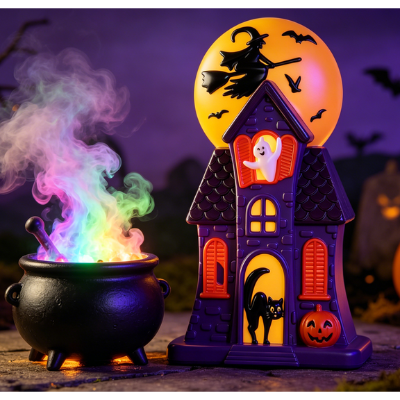 2026 Summerween Haunted House Blow Mold Light Up Purple Glow - Purple Haunted House Halloween Blow Mold Ghost Cat Pumpkin Decoration, 2 C7 Bulbs for Lawn Porch, Halloween Indoor Outdoor Decorations