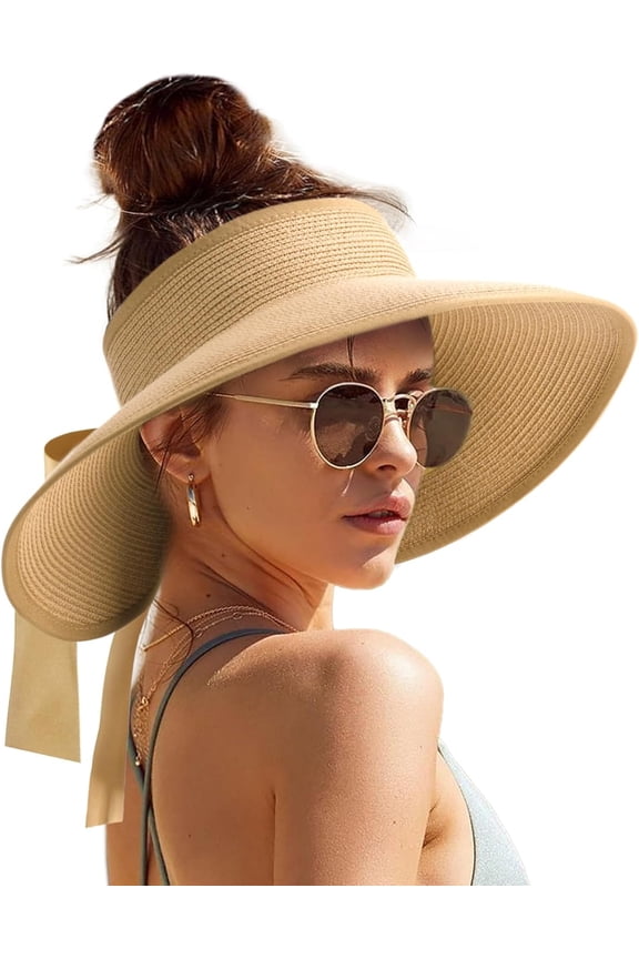 2026 Sun Visors for Women Wide Brim Beach Hat Foldable Straw Visor Hat Ponytail Summer Packable UPF 50+