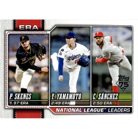 2026 TOPPS #203 CRISTOPHER SANCHEZ/PAUL SKENES/YOSHINOBU YAMAMOTO LEAGUE LEADERS LOS ANGELES DODGERS/PHILADELPHIA PHILLIES/PITTSBURGH PIRATES