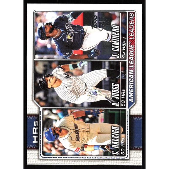 2026 TOPPS #38 AARON JUDGE/CAL RALEIGH/JUNIOR CAMINERO LEAGUE LEADERS NEW YORK YANKEES/SEATTLE MARINERS/TAMPA BAY RAYS BASEBALL OFFICIAL TRADING CARD OF MLB
