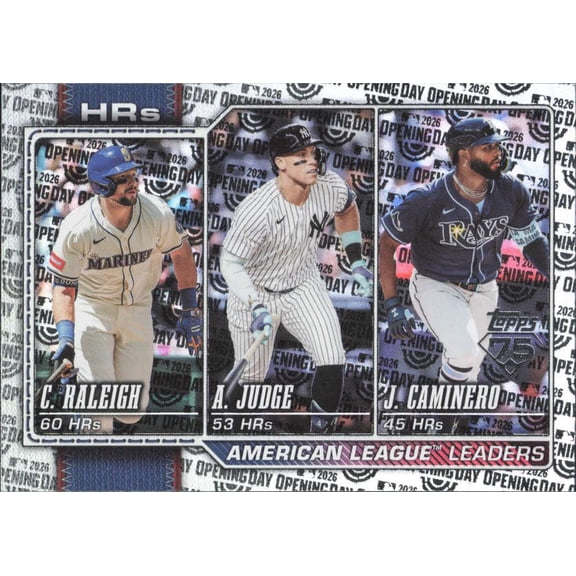2026 TOPPS CELEBRATION OPENING DAY #38 AARON JUDGE/CAL RALEIGH/JUNIOR CAMINERO LEAGUE LEADERS NEW YORK YANKEES/SEATTLE MARINERS/TAMPA BAY RAYS