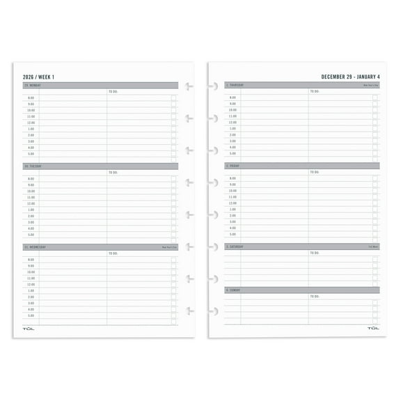 2026 TUL Discbound Weekly Planner Refill Pages, Junior Size, January To December