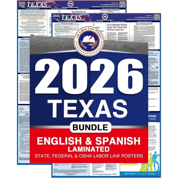 2026 Texas TX All-in-One Workplace Compliance & Labor Law Poster (Federal State & OSHA) English and Spanish Bundle Laminated