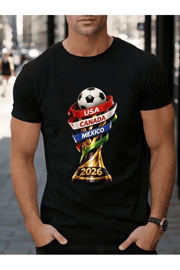 2026 Themed Men's T-Shirt with USA Canada Mexico Trophy Badge Print, Sporty Casual Crew Neck Top, Daily Breathable Style