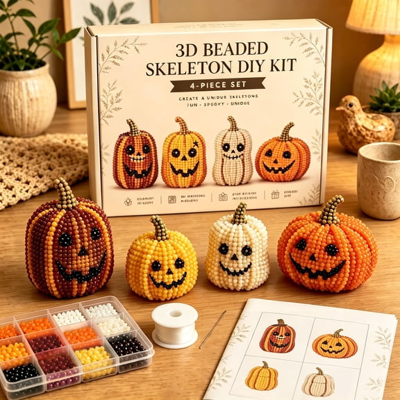 2026 Tiny Beaded Pumpkin DIY Kit, 3D Beaded Skeleton Kit with 4 Cute Designs, Handmade 3D Bead Animals Embroidery Kit Beginners & Craft Enthusiasts