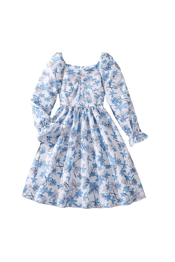 2026 Toddler Girls Dresses Autumn Leaf Printing Long Trumpet Sleeve Bow Tie Summer Dress Size 8-9 Years