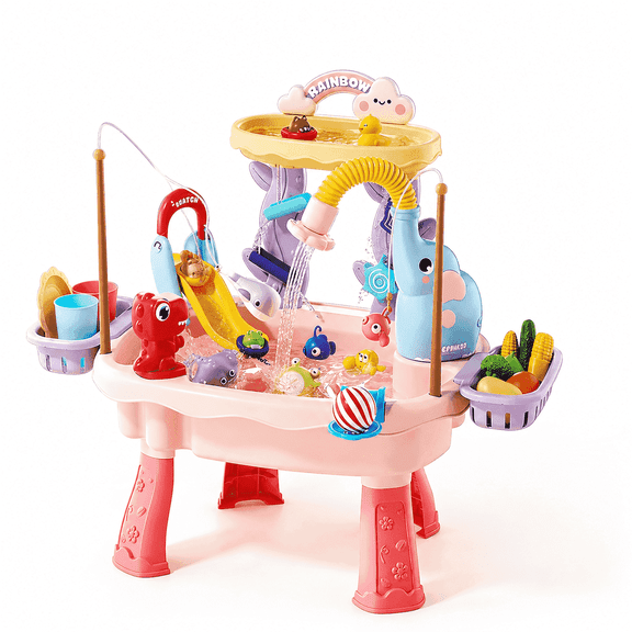 Artmeer Sand and Water Table Playset for Kids, Toddler Water Play Table with Electric Pump Faucet, Play Sink, Fishing Toys, Pink
