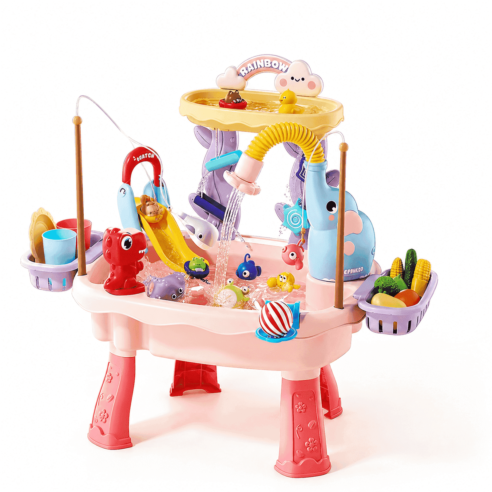 Artmeer Sand and Water Table Playset for Kids, Toddler Water Play Table with Electric Pump Faucet, Play Sink, Fishing Toys, Pink