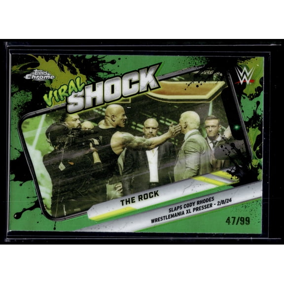 2026 Topps Chrome WWE Viral Shock Roman Reigns Cody Rhodes The Rock #VIR-4 Green Refractor /99 WWE WWE Wrestling Trading Card