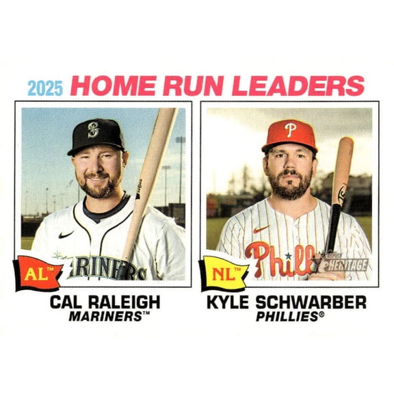 2026 Topps Heritage #2 Cal Raleigh/Kyle Schwarber League Leader Philadelphia Phillies/Seattle Mariners MLB Baseball Base Trading Card