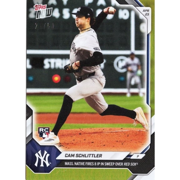 2026 Topps Now Cam Schlittler #114 Gold Foil /50 Mass. Native Fires 8IP in Sweep Over Red Sox New York Yankees Rookie RC Baseball Card