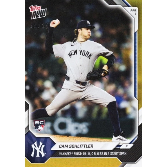 2026 Topps Now Cam Schlittler #41 Orange Foil /25 Yankees First: 15+ K, 0 R, 0 BB in 2 Start Span New York Yankees Rookie RC Baseball Card