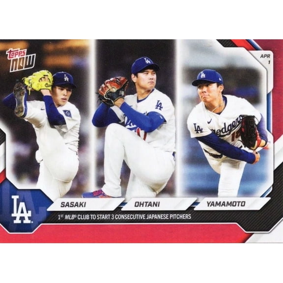 2026 Topps Now Roki Sasaki/Shohei Ohtani/Yoshinobu Yamamoto #42 Red Foil /5 1st MLB Club to Start 3 Consecutive Japanese Pitchers Los Angeles Dodgers Baseball Card