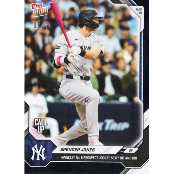 2026 Topps Now Spencer Jones #186 Black Foil /10 Yankees Number 6 Prospect Logs 1st MLB Hit and RBI New York Yankees Rookie RC Baseball Card