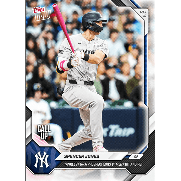 2026 Topps Now Spencer Jones #186 Yankees Number 6 Prospect Logs 1st MLB Hit and RBI New York Yankees Rookie RC Baseball Card