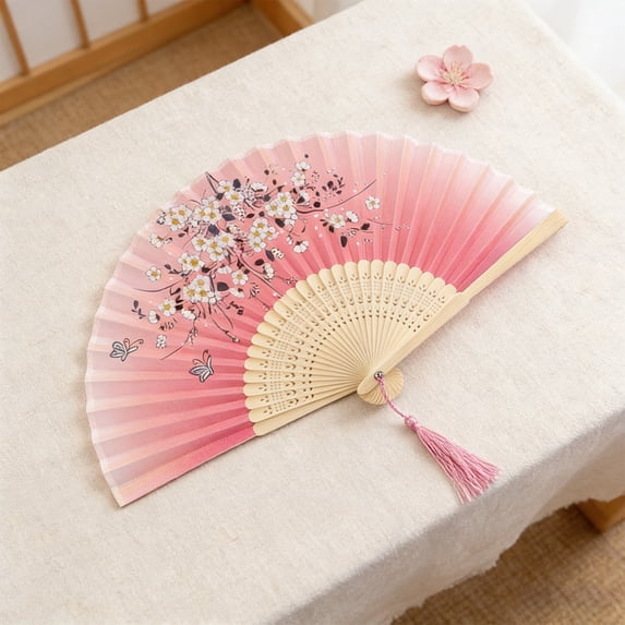 2026 Traditional Chinese Folding Hand Fan,Portable Foldable Fan for Wedding,Dance,Party,Performance, Cherry Blossom and Butterfly Design, Silk and Bamboo Construction, Decorative Tassel,1PC
