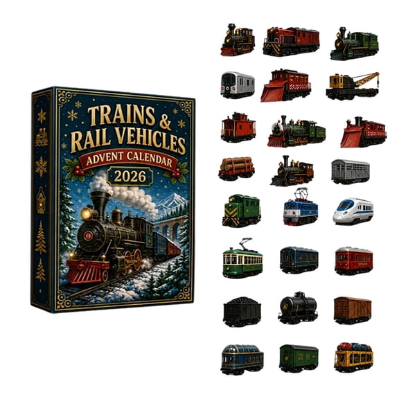 2026 Trains & Rail Vehicles Advent Calendar, 24 Days Christmas Countdown with Steam Trains Cargo Cars, Acrylic Railroad Ornaments for Train Collectors Holiday Home Decor Gift
