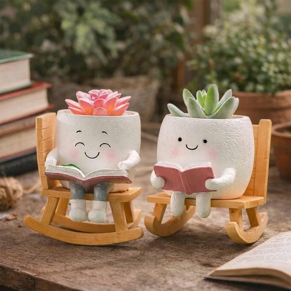 2026 Trending Rocking Chair Succulent Planter - Mini Cement-Look Resin Pot with Drainage Hole, Unique Desktop Decor for Indoor Plants, Home Office Shelf, Gift for Plant Lovers(XX-2pcs)