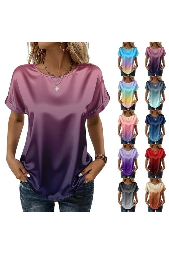2026 Trendy Satin Ombre Gradient Relaxed Short Sleeve Crew Neck Tops Womens Plus Size Casual Dressy Blouses, #03 Dark Purple, XL