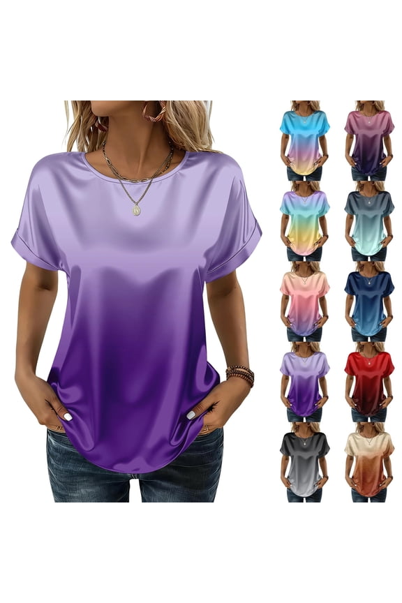 2026 Trendy Satin Ombre Gradient Relaxed Short Sleeve Crew Neck Tops Womens Plus Size Casual Dressy Blouses, #03 Purple, XXL