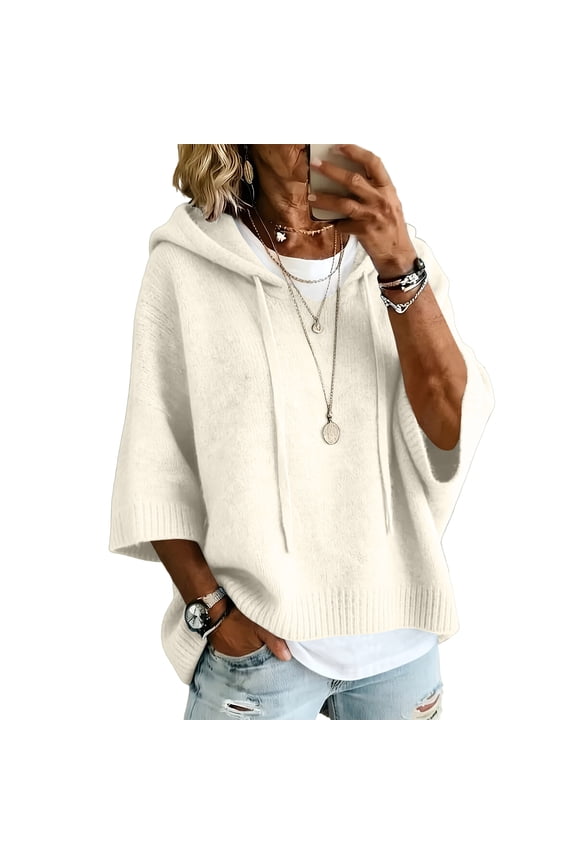 2026 Trendy Women Hood Knit Sweater Drawstring Adjustable Hood 3/4 Batwing Sleeves Loose Oversized Pullover Ribbed Knit Soft Comfort Winter Clothes