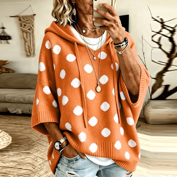 Trendy Women Polka Dot Hood Knit Sweater Adjustable Drawstring 3/4 Batwing Sleeves Loose Oversized Ribbed Soft Comfort Casual Winter Clothes