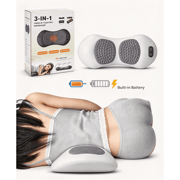 2026 Triple Fusion Cordless Rechargeable Back Massager with Heat, Vibration & Spinal Traction, Wireless Lumbar Support Pillow for Lower Back Pain & Sciatica Relief, Black