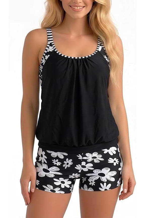 2026 Turquoise Floral Print Tankini Set - Blouson Tank Top with Adjustable Straps, Matching Floral Swim Shorts, Modest & Flattering Fit for Pool Days & Beach Vacations Summer Vibes