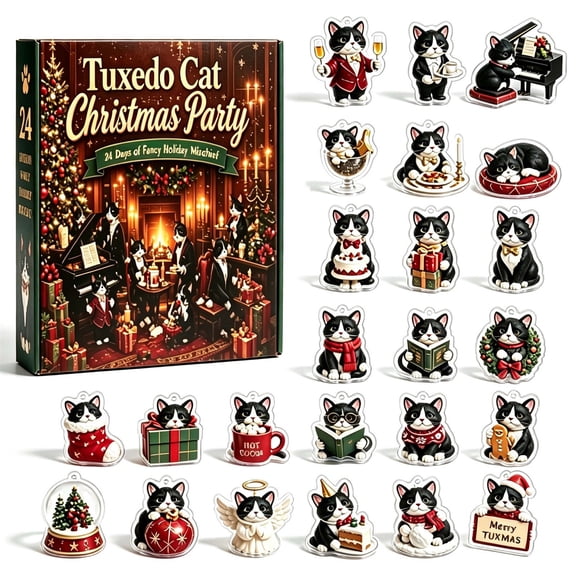 2026 Tuxedo Cat Christmas Party Advent Calendar, 24 Days Countdown with 24 Acrylic Cat Ornaments, Holiday Gift for Cat Lovers & Kids