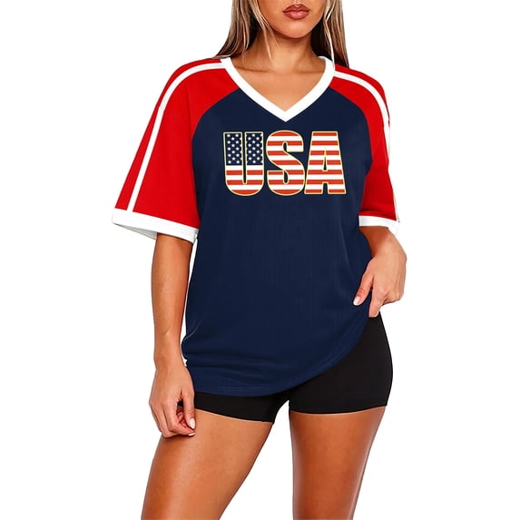 2026 USA Soccer Jersey for Women, V-Neck Short Sleeve Game Day USA Soccer Shirt, American Soccer Fan Jersey for Game Day Party Casual Summer Outfit (Blue, L)