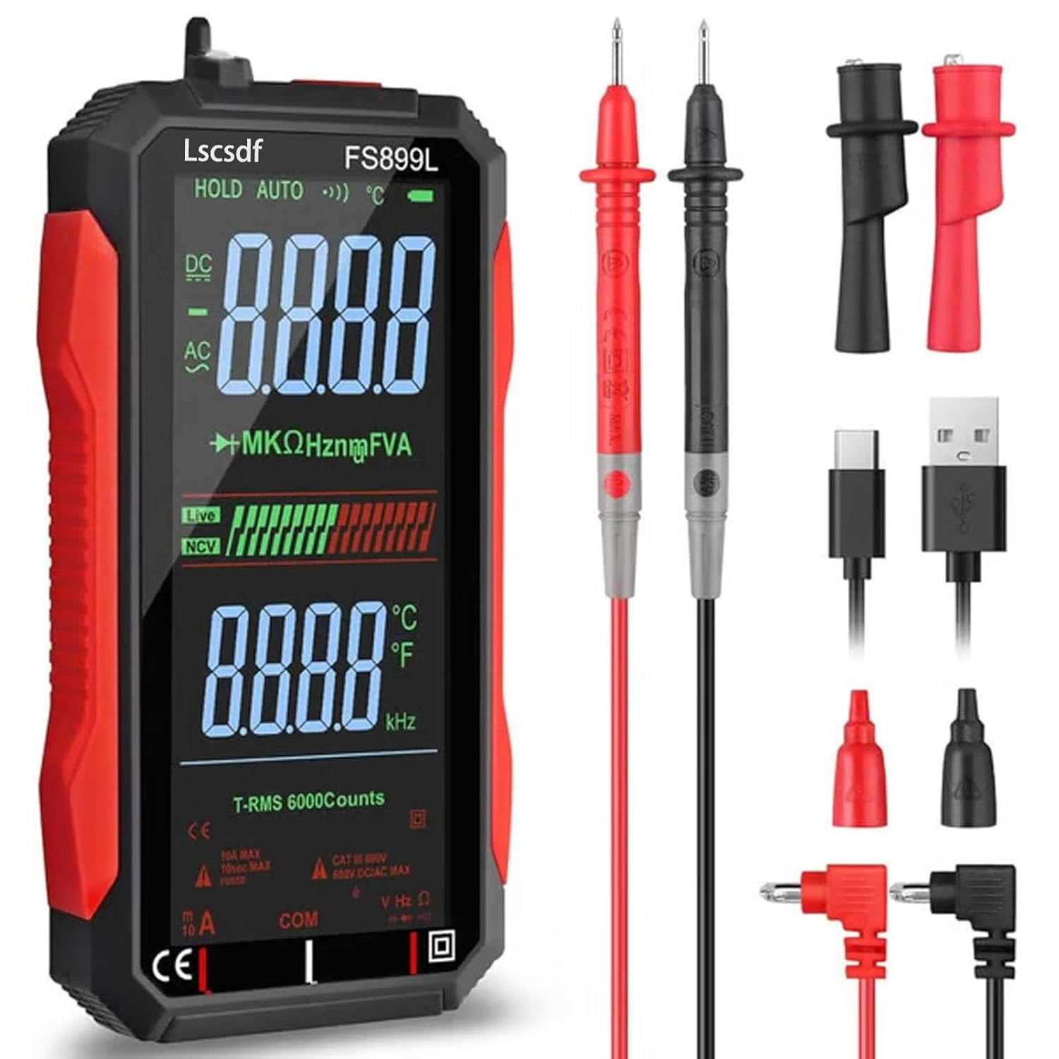 2026 USB Rechargeable Digital Multimeter 6000 Counts Large Color Screen & Backlight FS899L Smart Auto Ranging Multimeter True RMS Digital Voltmeter Multi Meter Digital Tester for Automotive Home