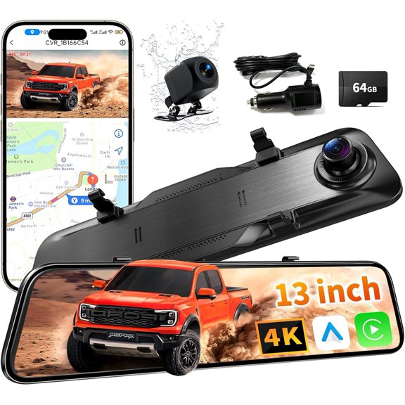 2026 Ultrawide 13'' 4K Rear View Mirror Camera with &, 5.8GHz WiFi Rearview Mirror with Voice Control/Split Screen, 64GB Card Included,Reverse Assist/Loop Record/G-Sensor