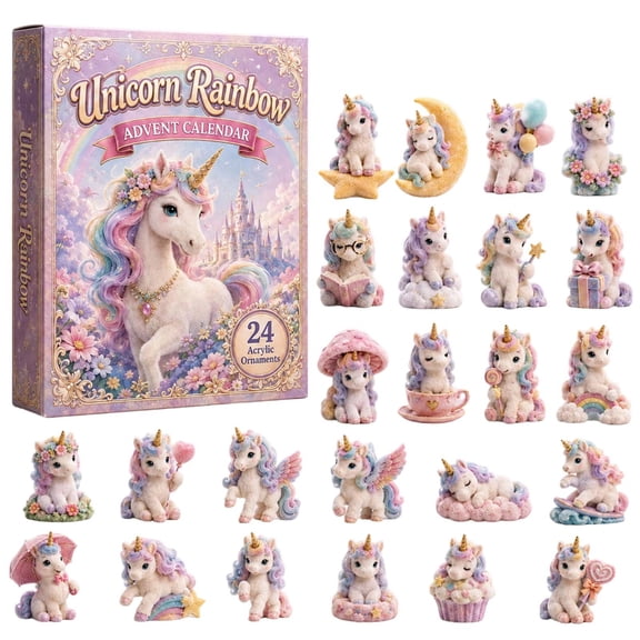 2026 Unicorn Rainbow Advent Calendar, 24‑Day Magical Countdown Calendar with 24Pcs Acrylic Rainbow Unicorn Hanging Ornaments, Fantasy Collectible Gift Set for Fantasy Lovers