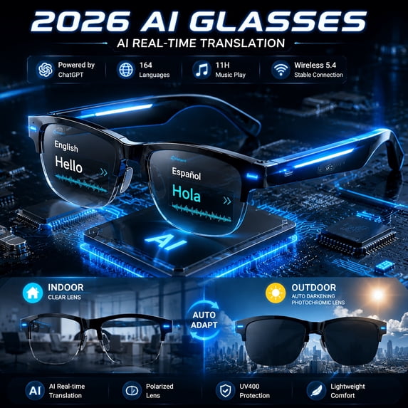2026 Unisex AI Smart Glasses, ChatGPT Powered, 164-Language Real-Time Translation, 6 Hours Music Play, Auto Photochromic Lenses Turn into Sunglasses in Sunlight