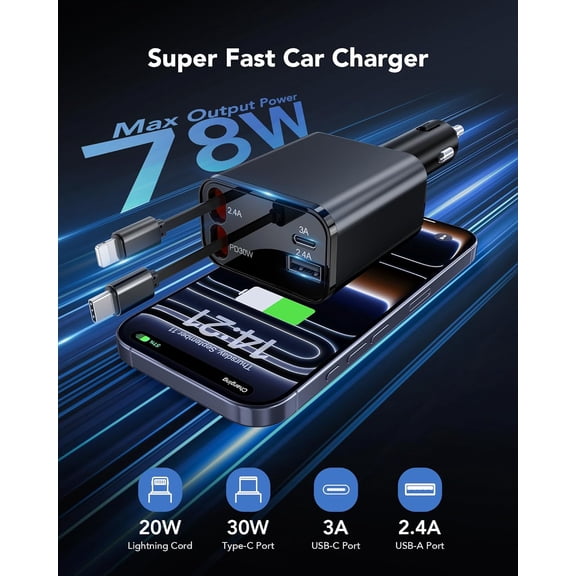 2026 Updated 78W Retractable Car Charger, 4-in-1 Fast Car Phone Charger with 2.6ft Two Retractable Cables and USB C+USB A Car Charging Block Cube, Compatible with iPhone 13 14 15 16 17 Pro Max, Plus