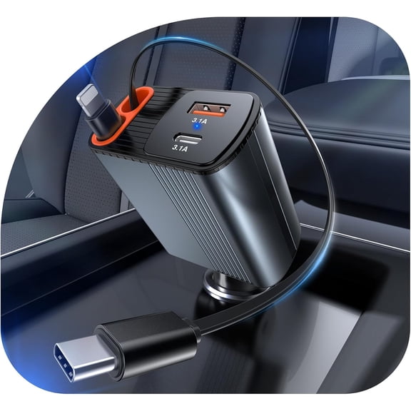 2026 Updated 78W Retractable Car Charger, 4-in-1 Fast Phone Charger with 2.6ft Two Cables and USB C+USB A Charging Block Cube, Compatible iPhone 13 14 15 16 17 Pro Max, Plus