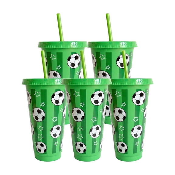 2026 Updated Plastic Soccer Cups with Lid & Straw, 24 Oz Football-Themed Water Cup, Reusable Tumbler for Soccer Parties & Gatherings Decor5pcs)