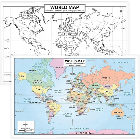 2026 Updated World Map Poster – 11x17 Laminated Dry Erase Study Map | Double-Sided Classroom Learning Tool with Color Geography Map Front & Blank Outline Back | Reusable Homeschool Practice