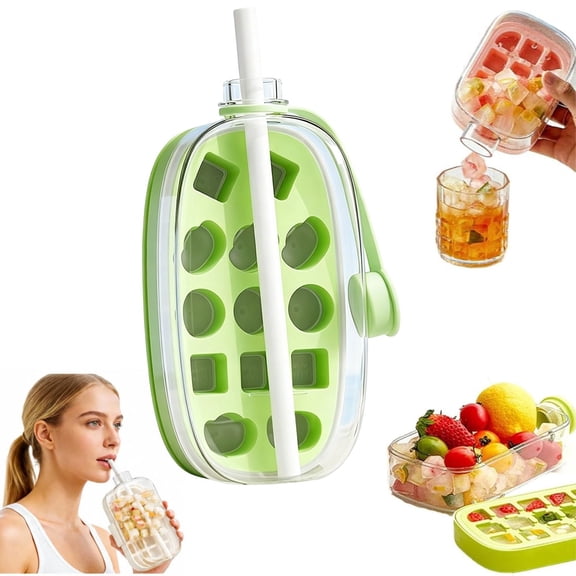 2026 Upgrade 2 in 1 Ice Cube Bottle with Straw,Portable Ice Cube Tray Built in Ice Mold Cup,Press to Release Touch Free Ice Tray Leak Proof Lid for Outdoor Office Travel Home Essential (Green)
