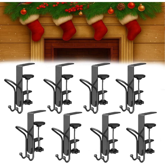 2026 Upgrade 2 in 1 Garland and Stocking Mantel Holders with 2 Hooks, Christmas Stocking and Garland Hanger Dual Purpose with Two Hooks (Black*8)