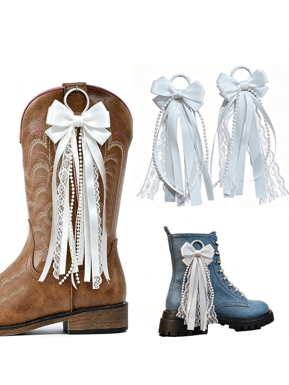 2026 Upgrade 2Pcs White Lace Pearl Tassel Cowboy Boot Bow Clip, Western Boot Decor Accessory for Wedding Music Festival Outfit, 5.90x2.76in