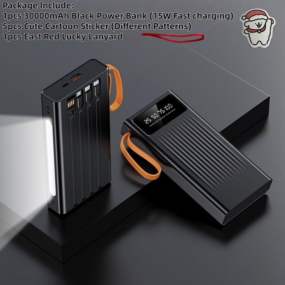 2026 Upgrade 30000mAh Power Bank with 15W Fast Charging, Built-in 4 Cables & Camping Light, Portable Battery Pack for iPhone