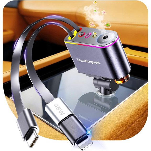 2026 Upgrade 5 in 1 Retractable Car Charger USB C - Fast Charging Retractable Car Phone Charger with Car Air Freshener Diffuser - 66W Cigarette Lighter Adapter USB-C/Type-C for iPhone17/16/15/14