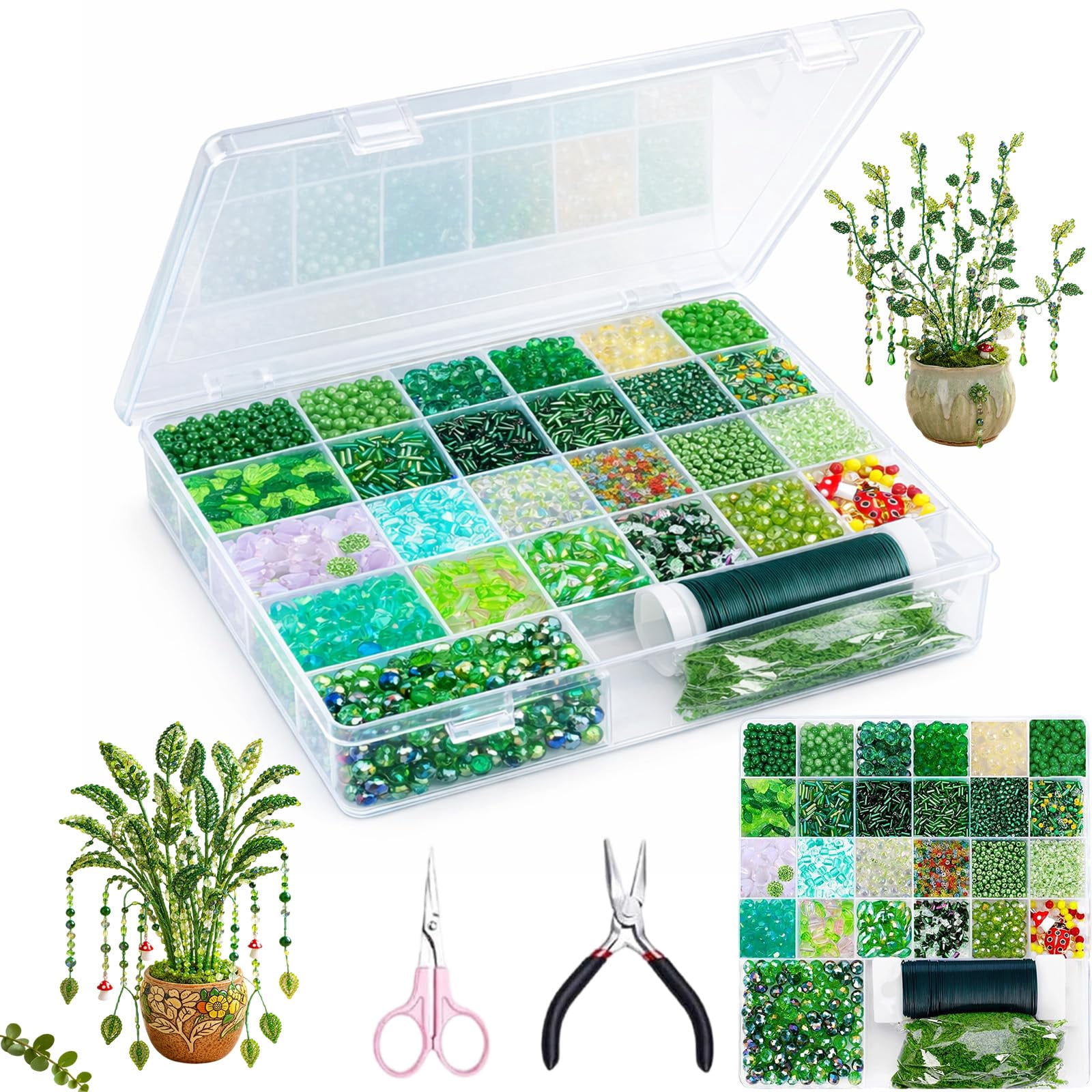 2026 Upgrade 5500 Pcs DIY Beaded Plant Kit, Green Beads for Beaded Plants, Forever Plant Kit for DIY Plant Making, Leaf Beads for Jewelry Making, for Jewelry Making DIY Craft