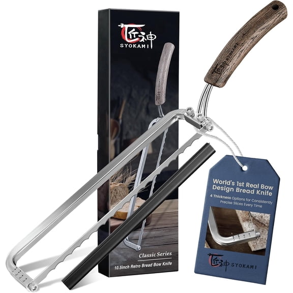 2026 Upgrade Bread Knife for Homemade Bread, World's 1st Real Bow-Design Sourdough Bread Slicer, Razor-Sharp Cutter for Crusty Sourdough & Baguette, 4 Thickness Scale Marks, Ideal for Gift