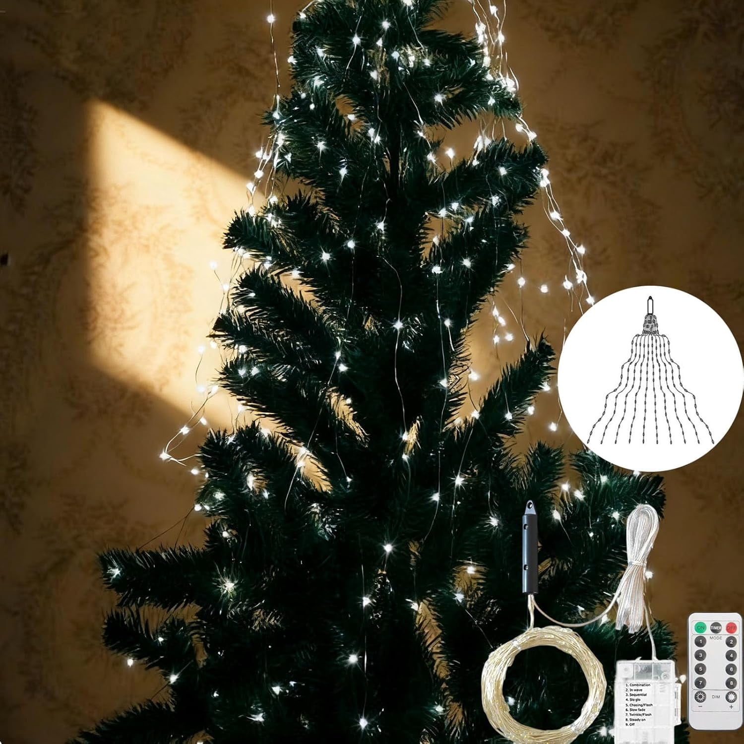 2026 Upgrade Cascading Twinkle Lights for Christmas Tree, Waterfall Lights with 8 Modes & Timer, Battery Powered Warm White LED String Lights, 10 Strips 100 Lights for Indoor Outdoor Decor
