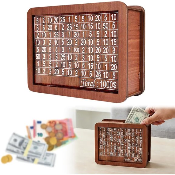 2026 Upgrade Cash Vault Wooden Savings Box, 10000 Savings Challenge Box Wooden Cash Saving Boxs, Money Saving Box Woodens Money Boxs with Money Target and Numbers (1000)
