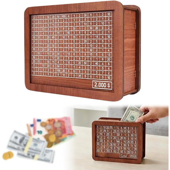 2026 Upgrade Cash Vault Wooden Savings Box, 10000 Savings Challenge Box Wooden Cash Saving Boxs, Money Saving Box Woodens Money Boxs with Money Target and Numbers (2000)